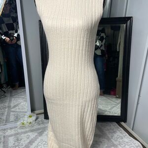 PrettyLittleThing Cream Ribbed Midi Dress